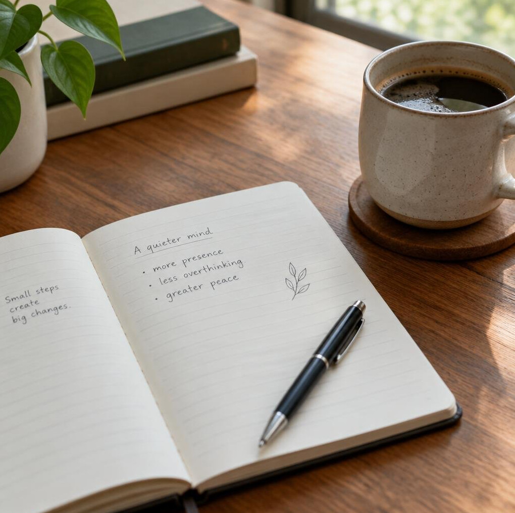 Open notebook and pen on a wooden desk with coffee